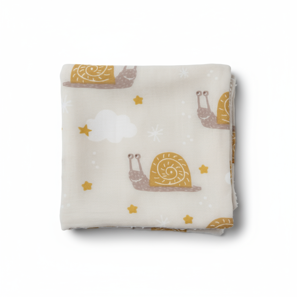 Gros plan sur le tissu coton motif escargots certifié Oeko-Tex.