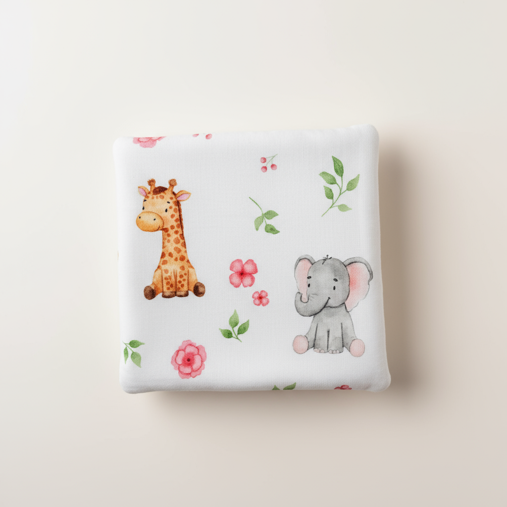 Gros plan sur le tissu coton certifié Oeko-Tex motif animaux de la savane et feuillages.