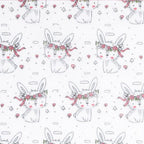 Motif enfant tissu avec lapins couronne de fleurs roses, décor nuages et champignons.