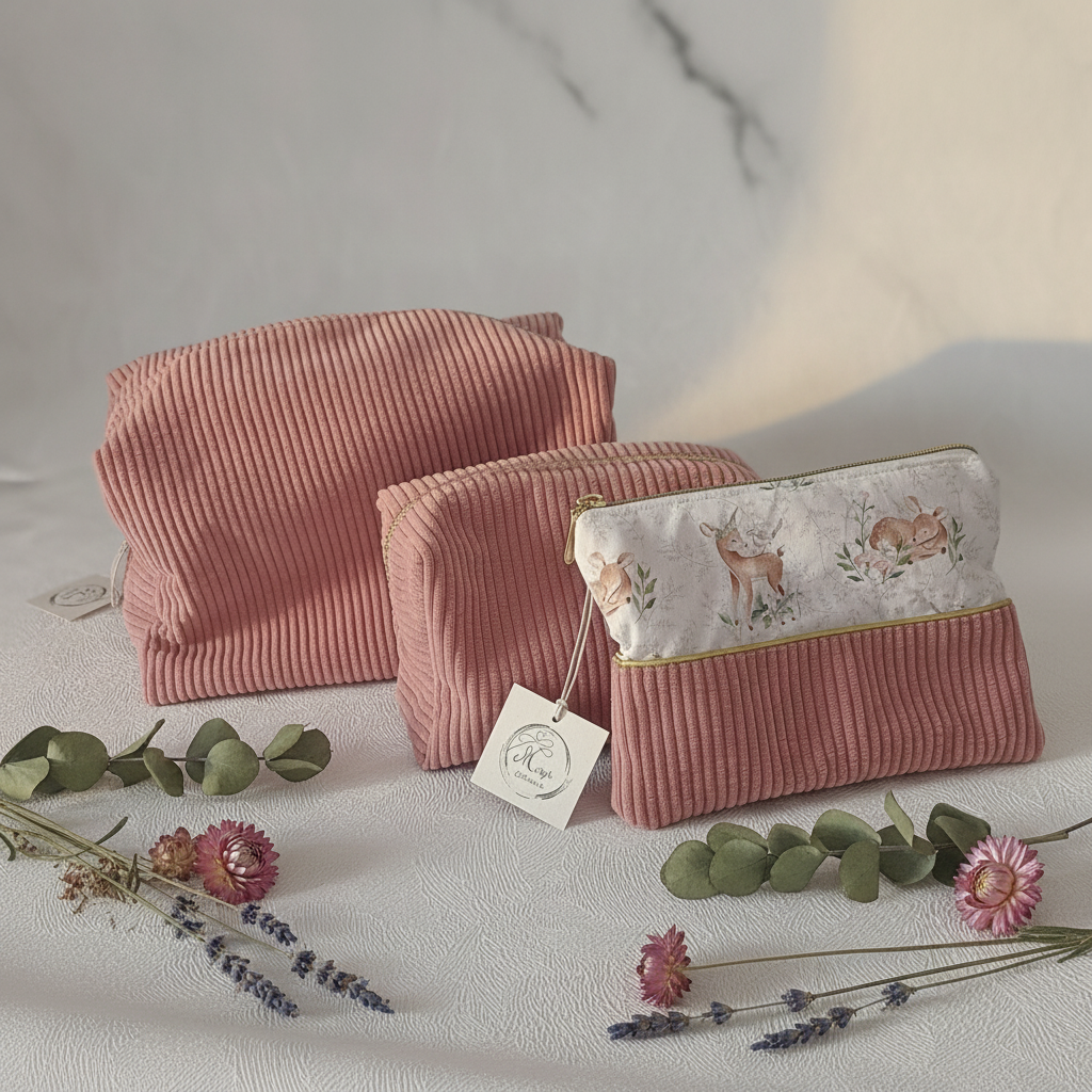 Trio de trousses velours côtelé vieux rose et tissu faons aquarelle avec zip doré, mise en scène fleurs séchées et eucalyptus