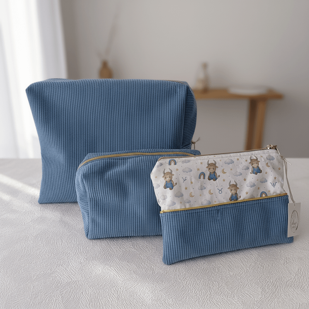 Trio de trousses artisanales en velours côtelé bleu avec motif taureau zodiac aquarelle et fermeture dorée, faites main L'Atelier de Megh